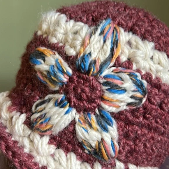 Handcrafted dark cherry Crochet Hat with Floral Accent medium extremely warm - Picture 2 of 10